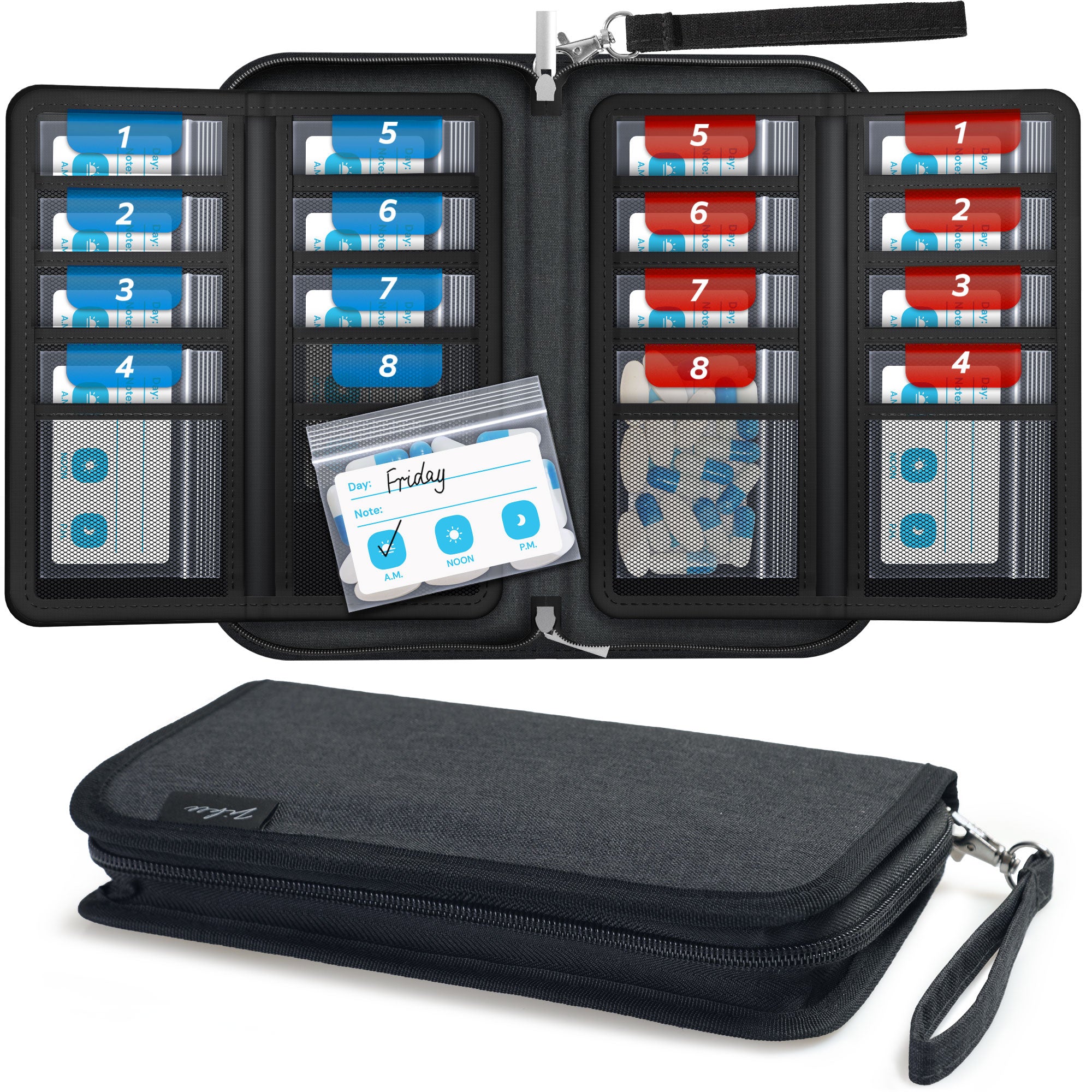 ZIKEE Slim Folding Pill Organizer Bag with 20 Writable BPA-Free Pill Pouches, Travel 22 Slot Pill Box Bag with a Zipper Design