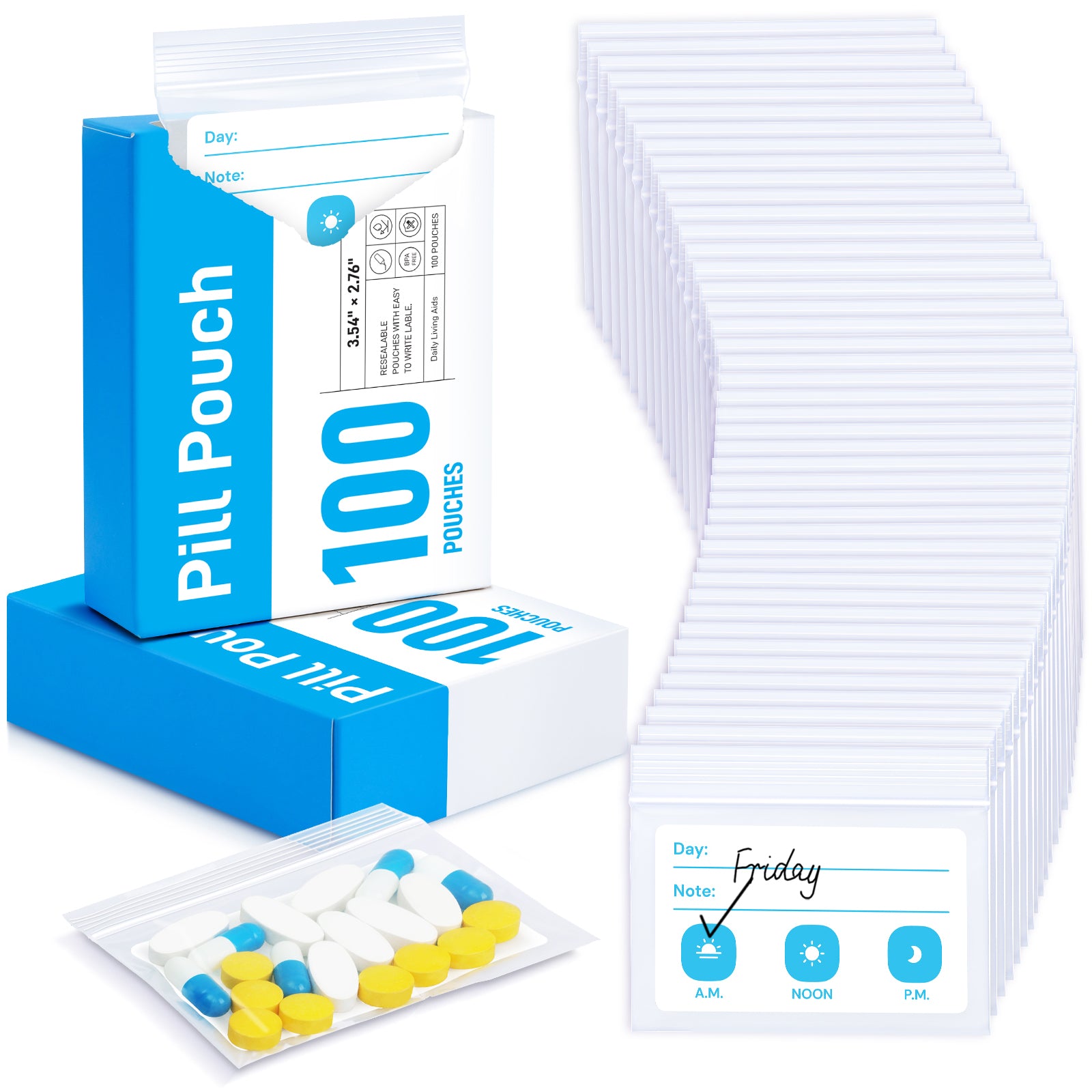 ZIKEE Pill Pouches Box for Travel, Organizer with BPA Free 6 Mil Durable Daily Bags, Customizable Write-on Area(100 Count)