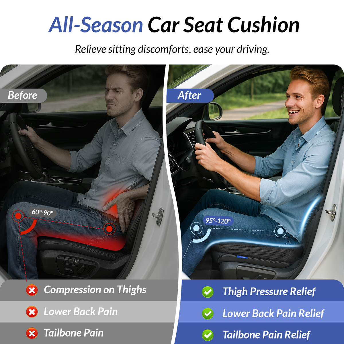 ZIKEE Wedge Car Seat Cushion for Tailbone Pain Relief & Better Visibility, Ergonomic Memory Foam Seat Cushion for Car with Breathable Channel Design, Fits Car, SUV, Truck, Non-Slip Mesh Cover