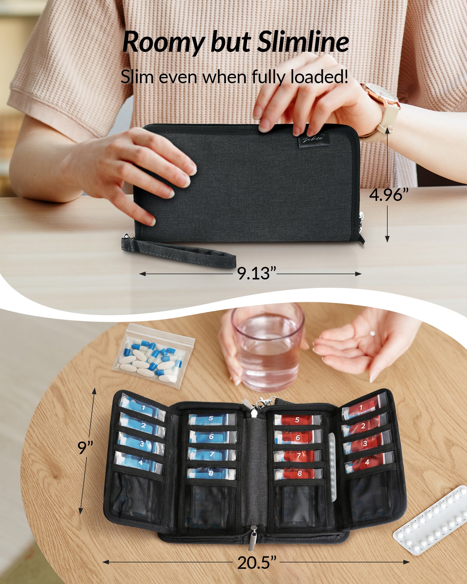 ZIKEE Slim Folding Pill Organizer Bag with 20 Writable BPA-Free Pill Pouches, Travel 22 Slot Pill Box Bag with a Zipper Design