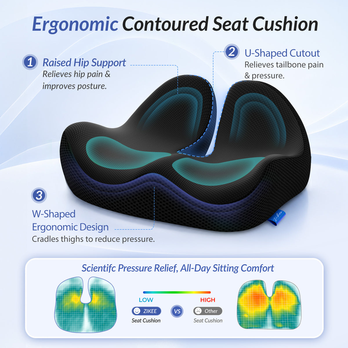 ZIKEE Ergonomic Contoured Seat Cushion for Pain Relief, All-Day Comfort, Office Chair Cushion with Raised Back Support for Tailbone, Sciatica & Back Pain Relief, Premium Memory Foam for Car, Home
