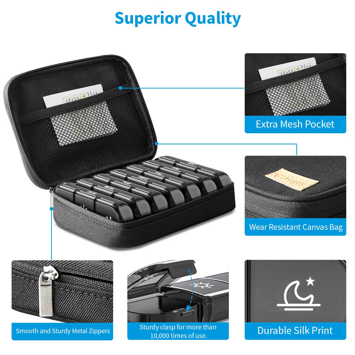 ZIKEE Large Weekly Pill Case Organizer 3 Times a Day, Portable Light Proof Canvas Bag Pill Box 7 Day