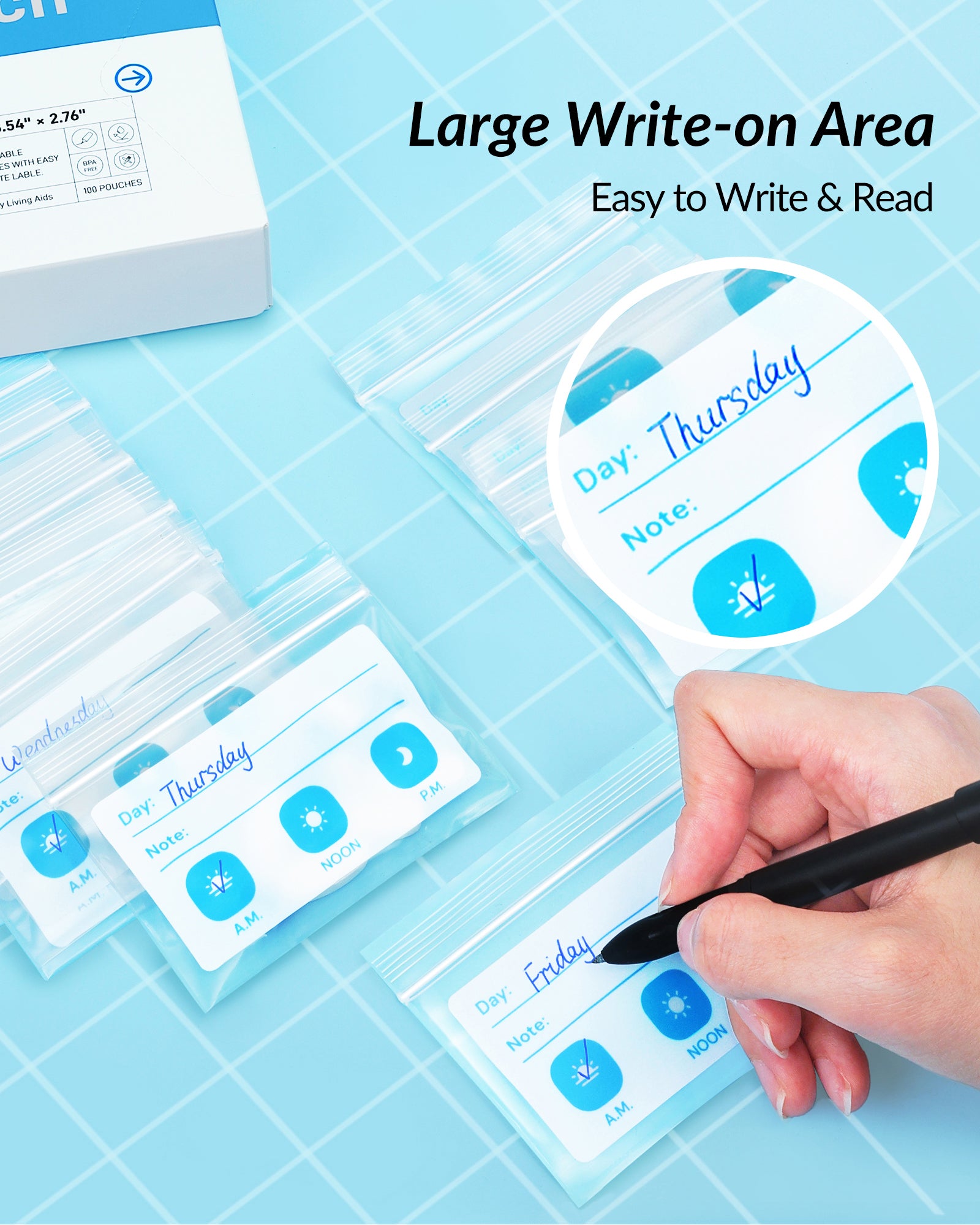 ZIKEE Pill Pouches Box for Travel, Organizer with BPA Free 6 Mil Durable Daily Bags, Customizable Write-on Area(100 Count)