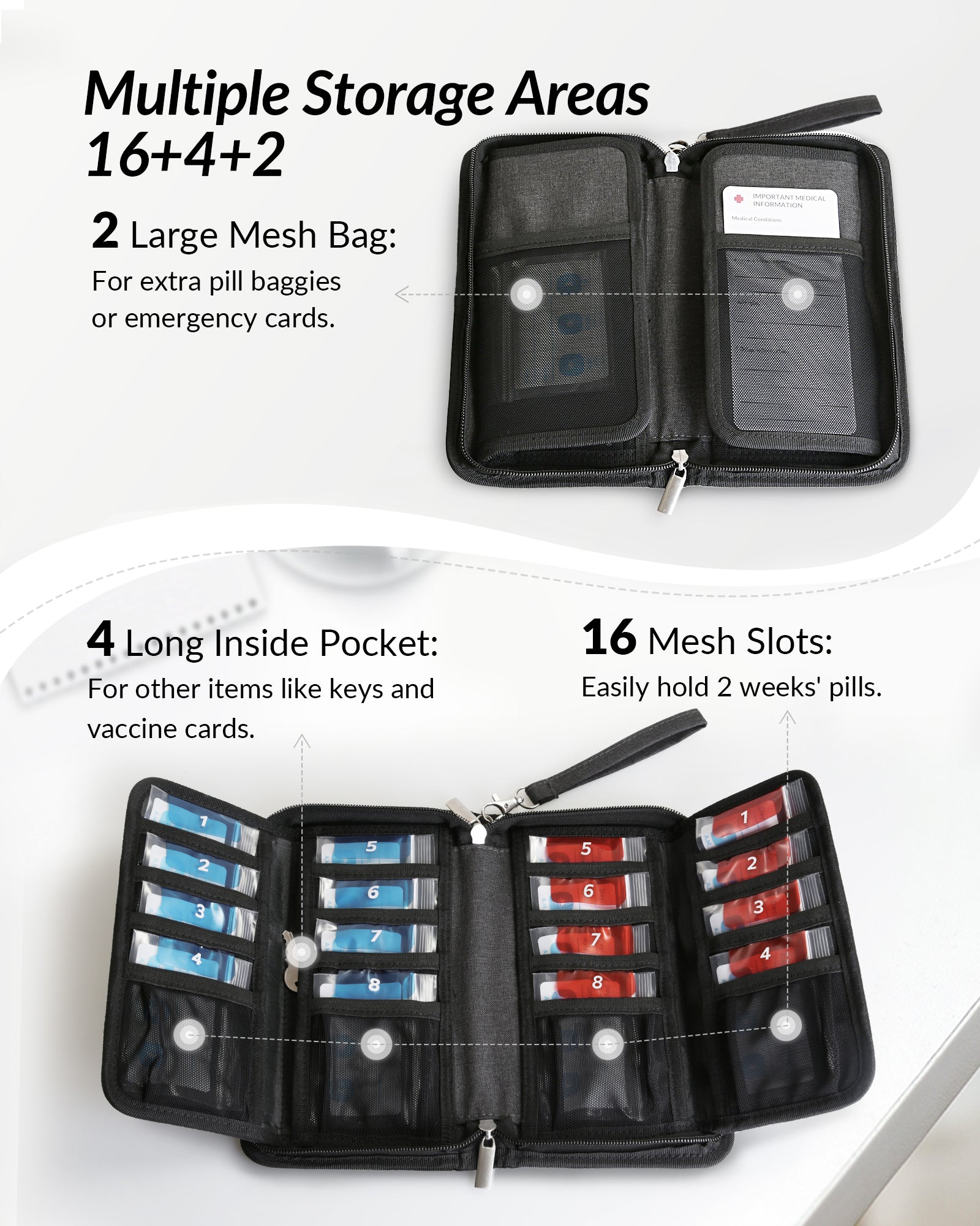 ZIKEE Slim Folding Pill Organizer Bag with 20 Writable BPA-Free Pill Pouches, Travel 22 Slot Pill Box Bag with a Zipper Design