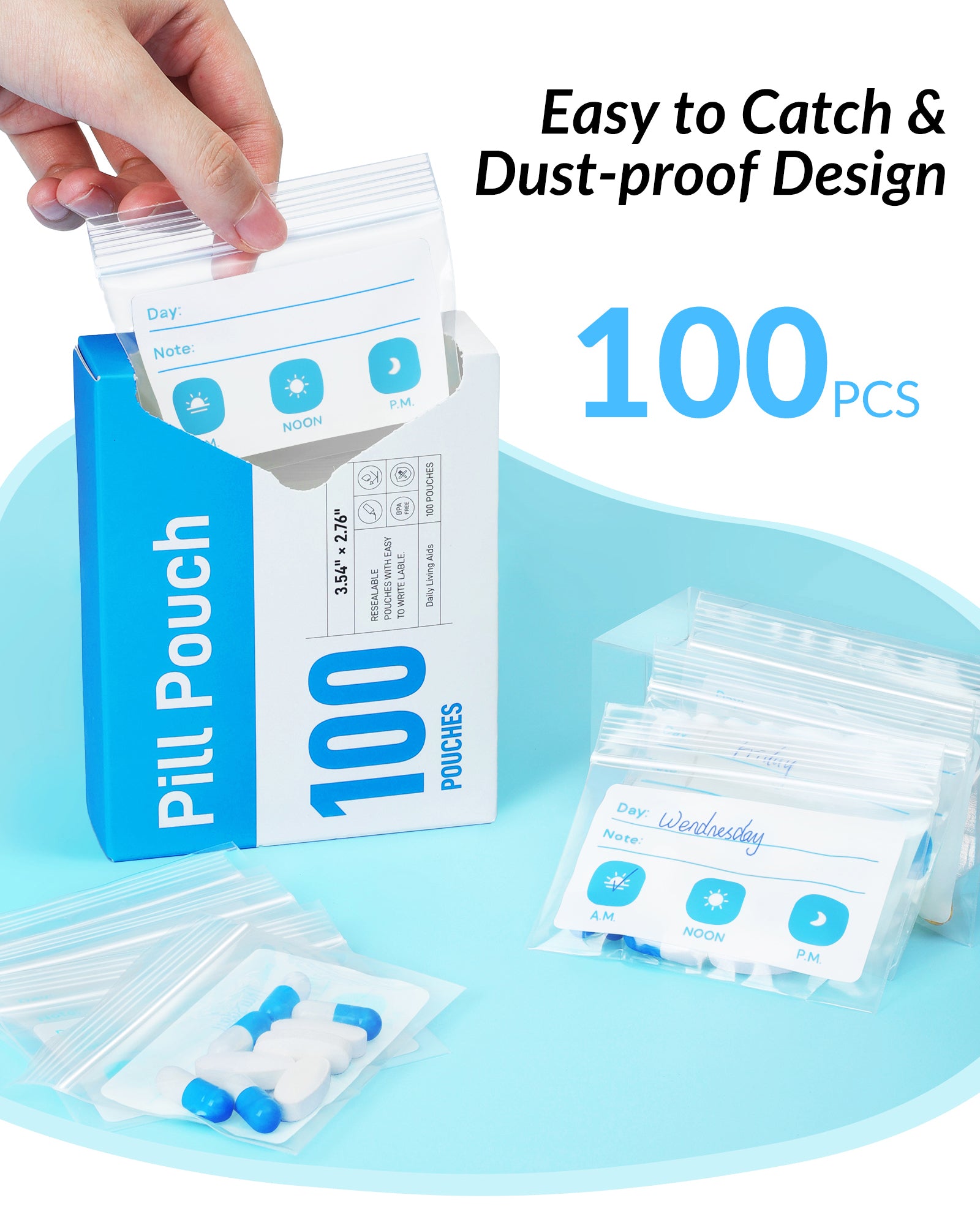 ZIKEE Pill Pouches Box for Travel, Organizer with BPA Free 6 Mil Durable Daily Bags, Customizable Write-on Area(100 Count)