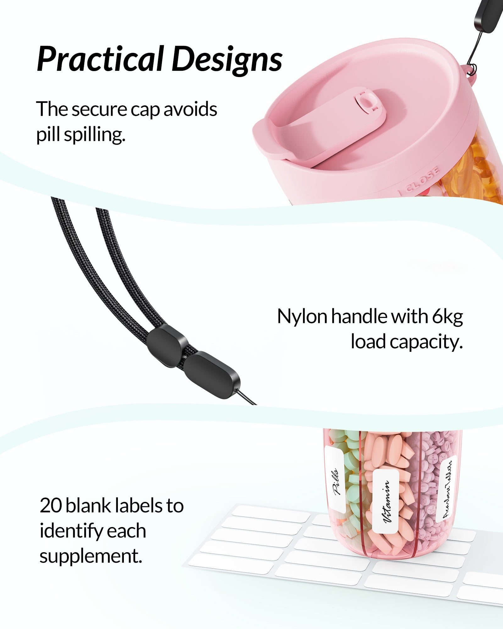 Zikee Pill Dispenser with Anti-Mixing & Wide Openings Design, Large Pill Bottle Organizer