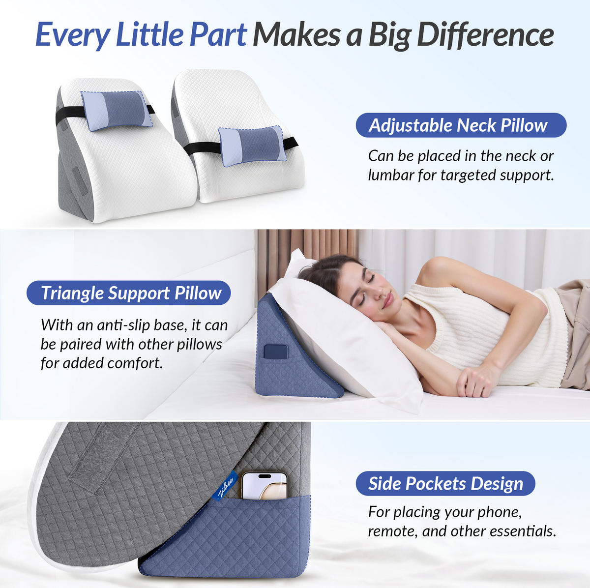 ZIKEE Adjustable Wedge Pillow Headboard Set for Sleeping & After Surgery Ergonomic Reading Pillow for Sitting in Bed, Back Pain Relief & Leg Elevation, Bed Wedge with Premium Memory Foam, Soft Cover