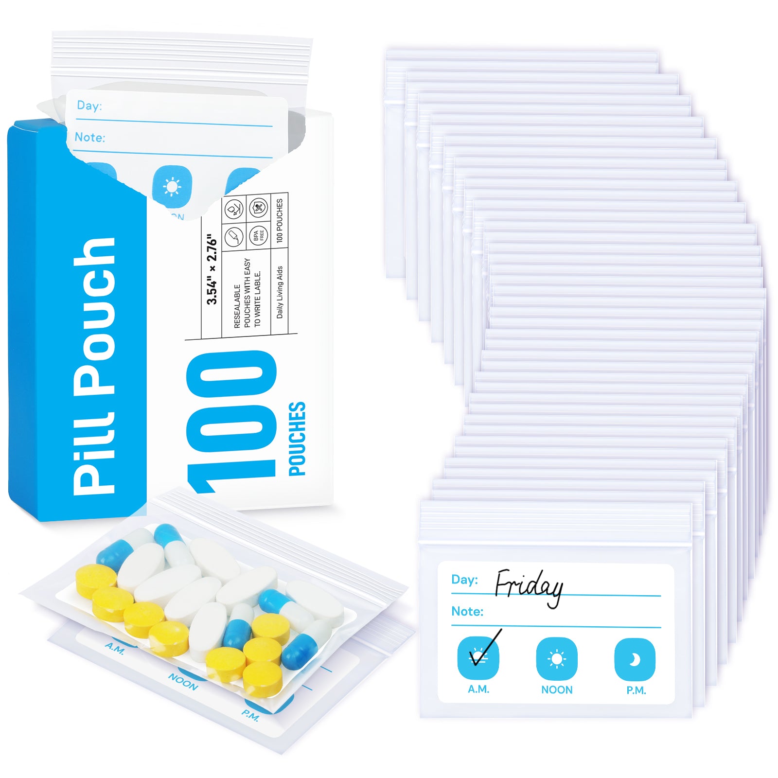 ZIKEE Pill Pouches Box for Travel, Organizer with BPA Free 6 Mil Durable Daily Bags, Customizable Write-on Area(100 Count)