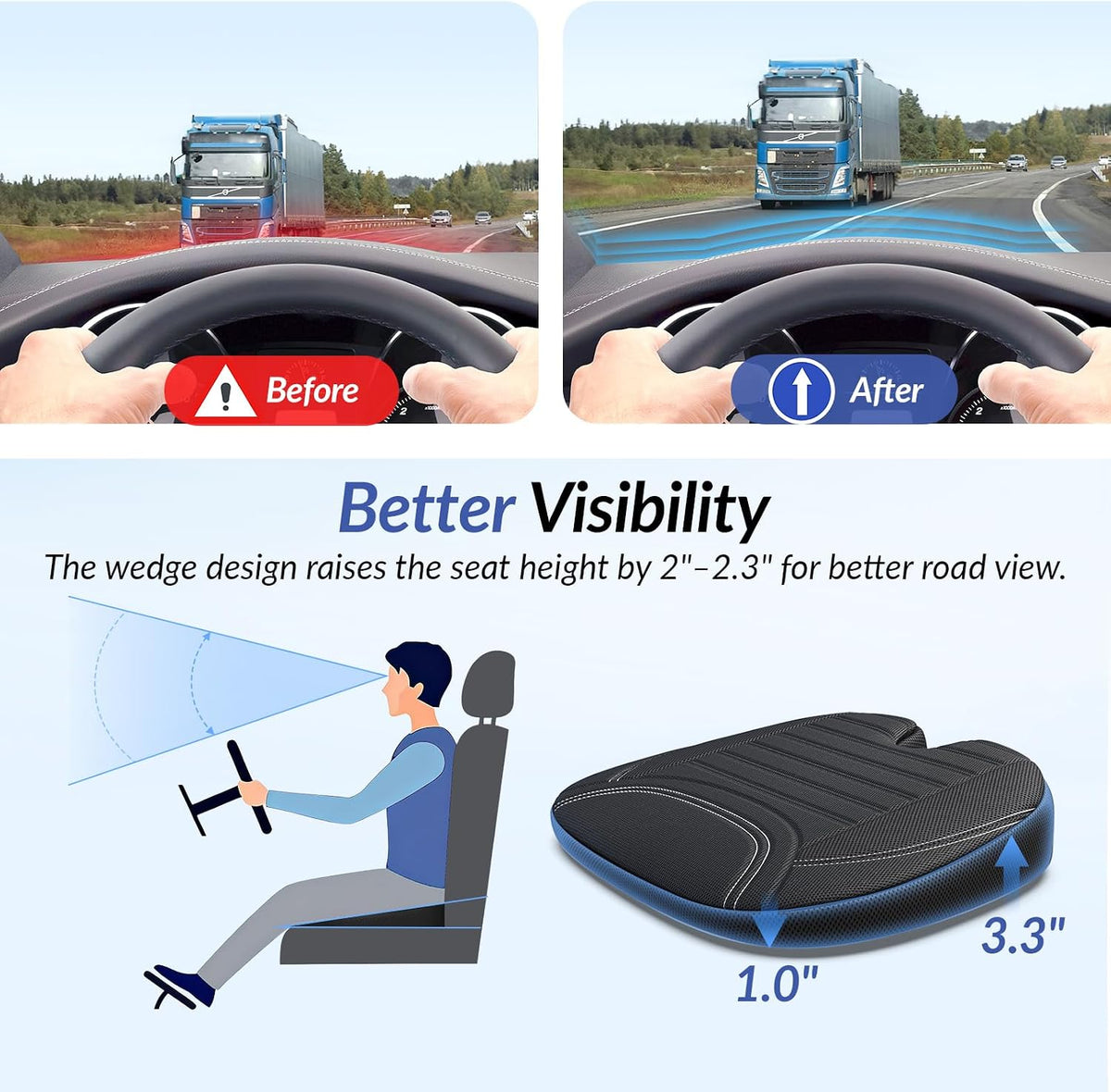ZIKEE Wedge Car Seat Cushion for Tailbone Pain Relief &amp; Better Visibility, Ergonomic Memory Foam Seat Cushion for Car with Breathable Channel Design, Fits Car, SUV, Truck, Non-Slip Mesh Cover