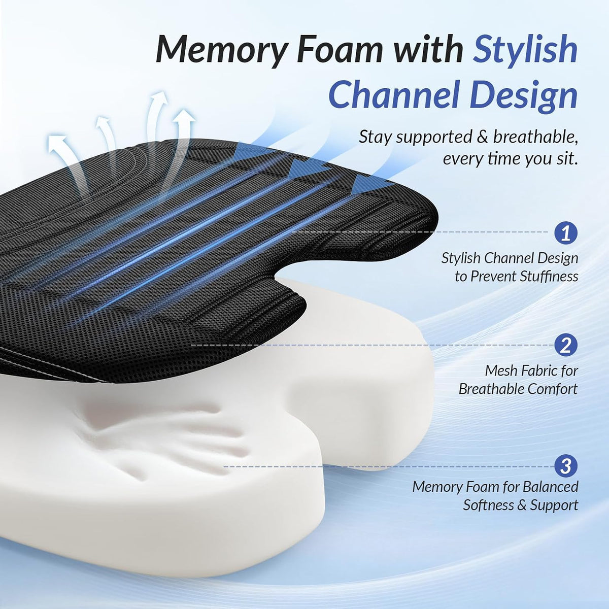 ZIKEE Wedge Car Seat Cushion for Tailbone Pain Relief &amp; Better Visibility, Ergonomic Memory Foam Seat Cushion for Car with Breathable Channel Design, Fits Car, SUV, Truck, Non-Slip Mesh Cover