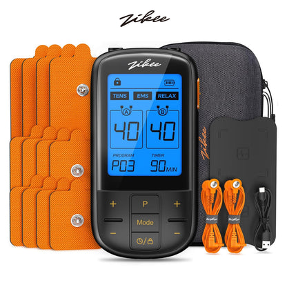 ZIKEE 3-in-1 TENS Unit with 32 Modes, Dual Channel EMS Muscle Stimulator with 40 Intensities for Gradual Pain Relief Therapy, Rechargeable Electronic Pulse Massager with 12 Electrode Pads, EVA Case