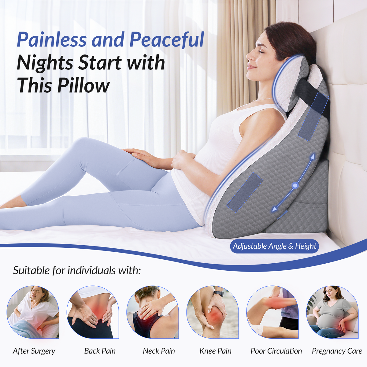 ZIKEE Adjustable Wedge Pillow Headboard Set for Sleeping &amp; After Surgery Ergonomic Reading Pillow for Sitting in Bed, Back Pain Relief &amp; Leg Elevation, Bed Wedge with Premium Memory Foam, Soft Cover