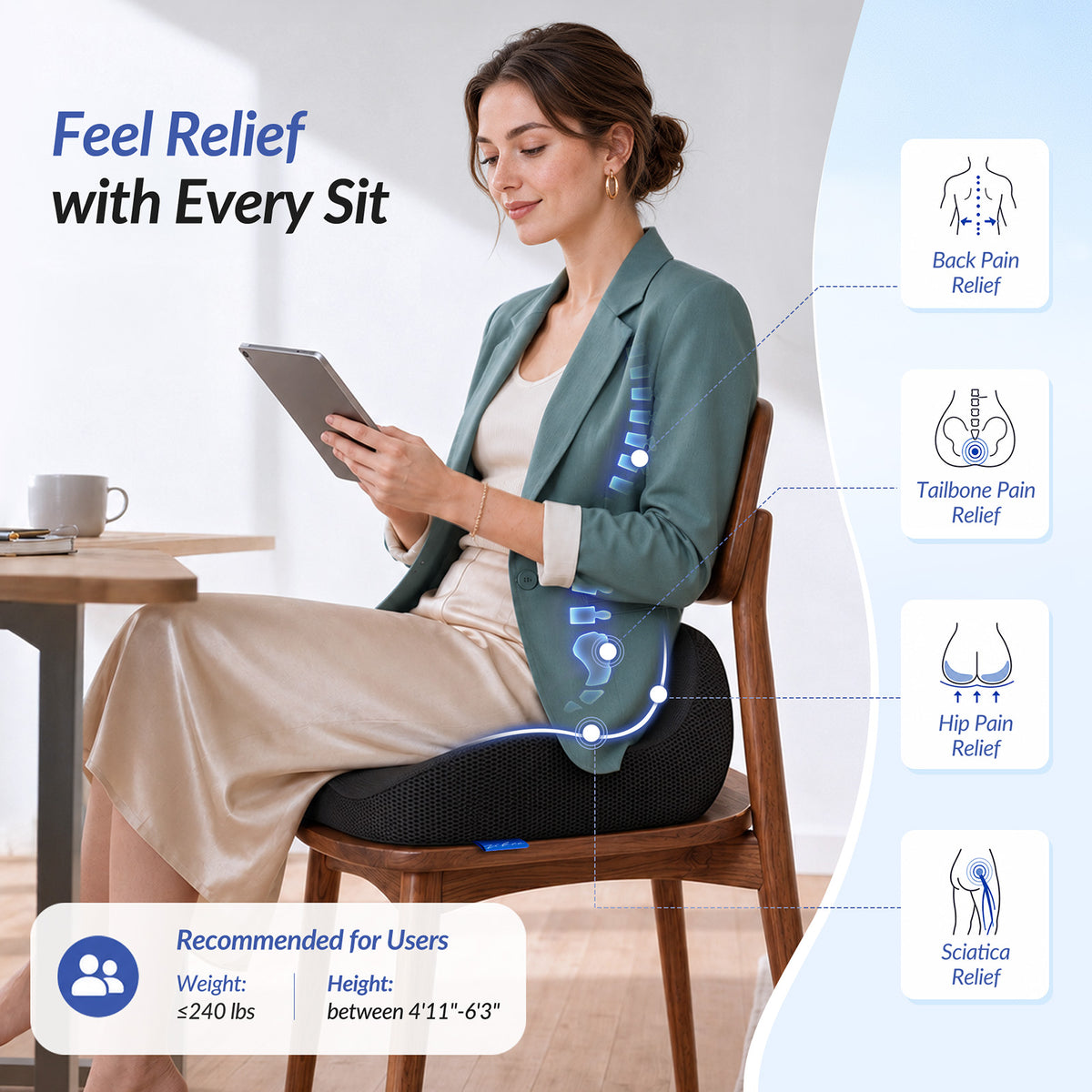 ZIKEE Ergonomic Contoured Seat Cushion for Pain Relief, All-Day Comfort, Office Chair Cushion with Raised Back Support for Tailbone, Sciatica &amp; Back Pain Relief, Premium Memory Foam for Car, Home