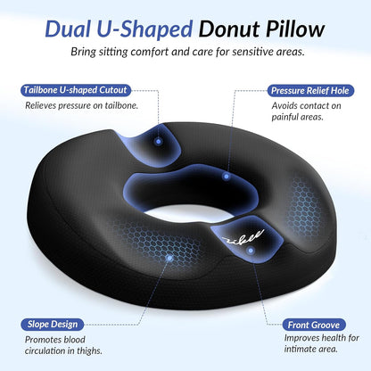 ZIKEE Donut Pillow Seat Cushion for Tailbone Pain, Hemorrhoid Pillow with Pressure Relief Hole &amp; Thigh Slope Design for Postpartum &amp; Post Surgery Sitting Relief, Donut Seat Cushion for Office &amp; Home