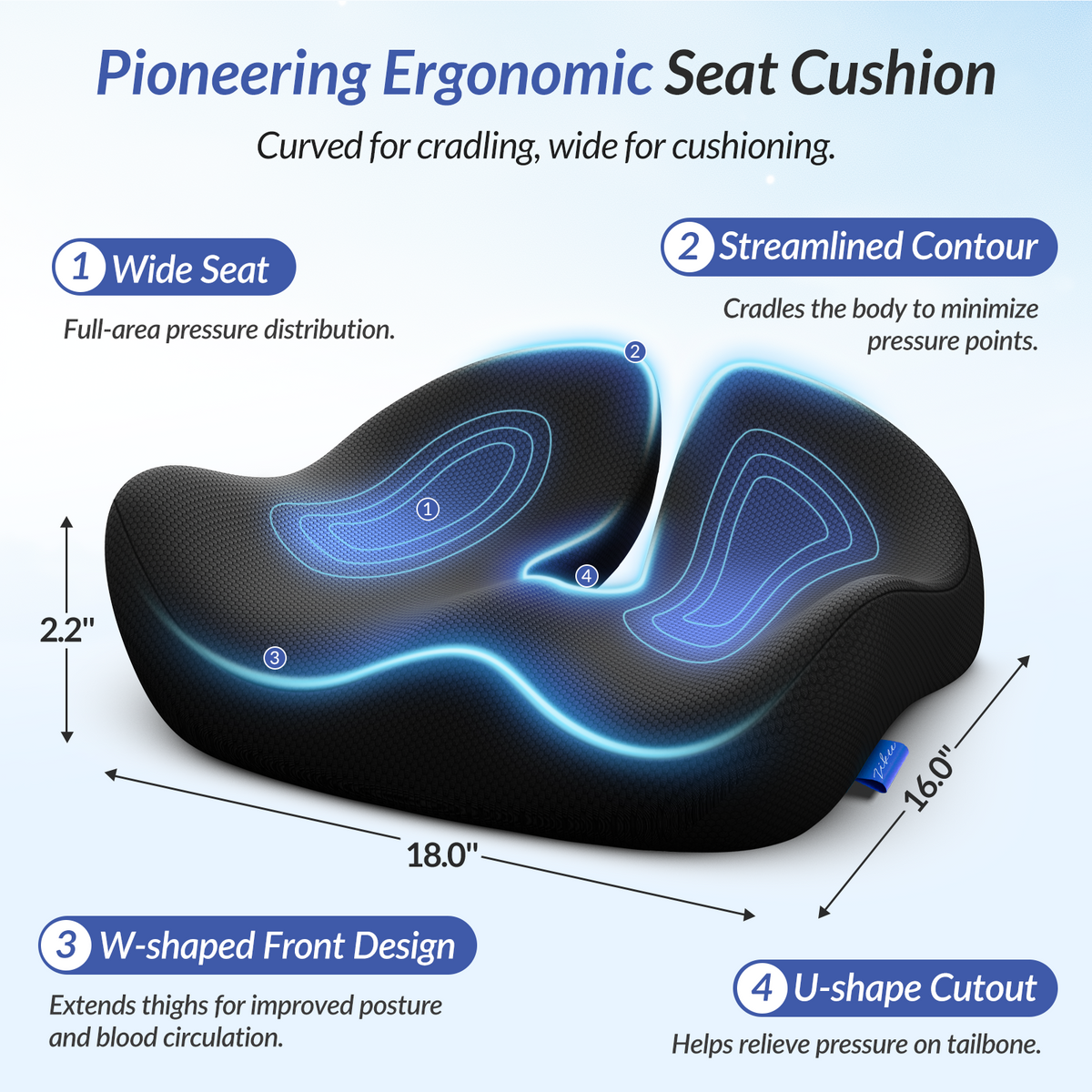 ZIKEE Pioneering Seat Cushion for Pressure Relief, Ergonomic Office Chair Cushion for Sciatica, Back, Hemorrhoids &amp; Tailbone Pain Relief, High-Density Memory Foam Car Seat Cushion with Anti-Slip Base