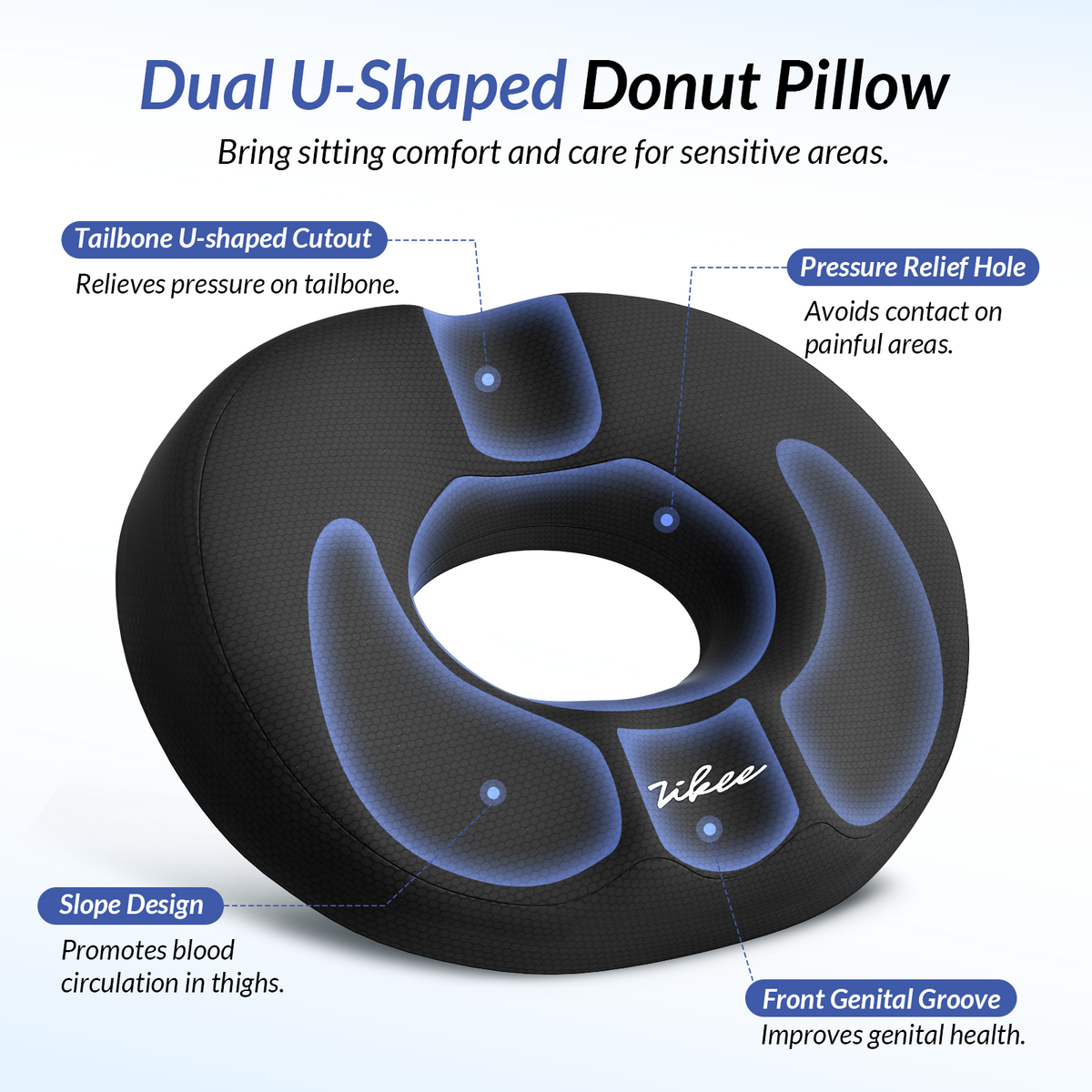 ZIKEE Donut Pillow Seat Cushion for Tailbone Pain, Hemorrhoid Pillow with Pressure Relief Hole &amp; Thigh Slope Design for Postpartum &amp; Post Surgery Sitting Relief, Donut Seat Cushion for Office &amp; Home