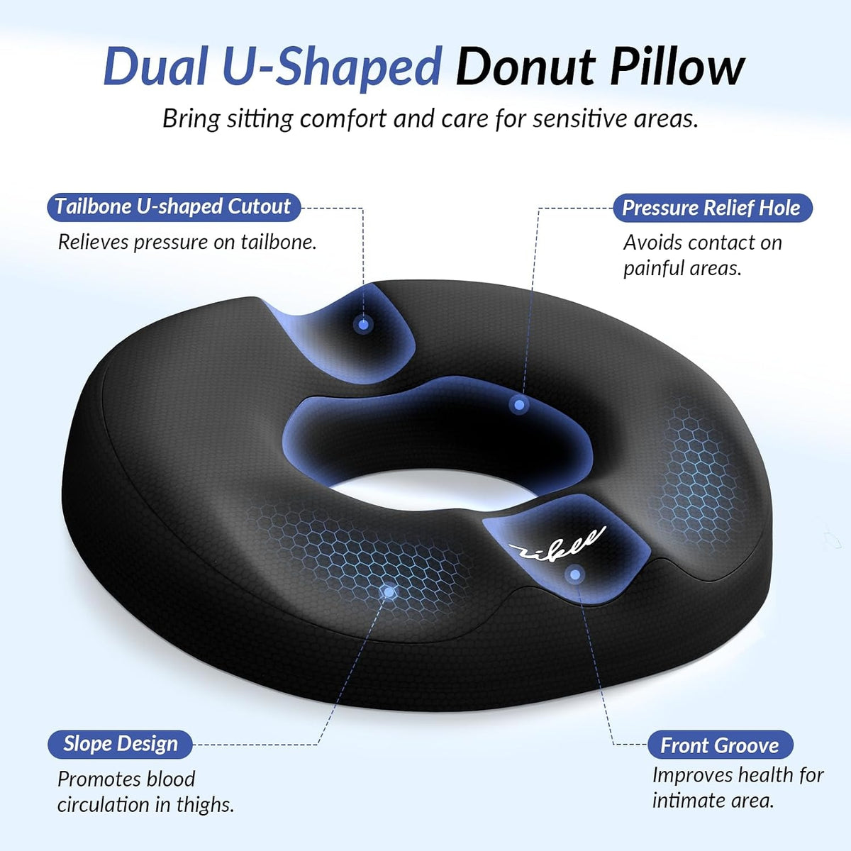 ZIKEE Donut Pillow Seat Cushion for Tailbone Pain, Hemorrhoid Pillow with Pressure Relief Hole &amp; Thigh Slope Design for Postpartum &amp; Post Surgery Sitting Relief, Donut Seat Cushion for Office &amp; Home