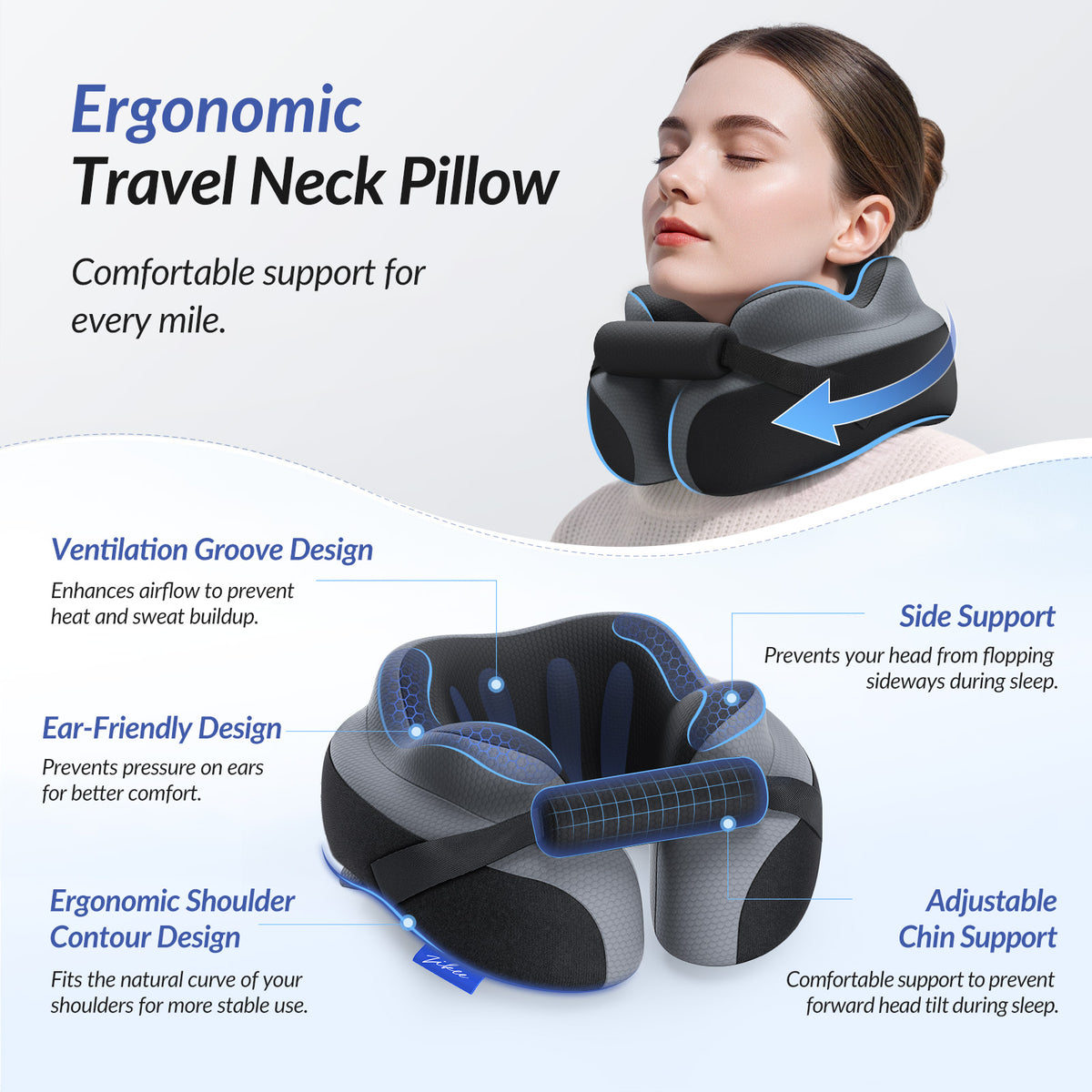 ZIKEE Travel Pillow for Airplane, Adjustable Chin Support for Stable Sleep, Ergonomic Neck Pillow to Support Head &amp; Neck on Flights, Ear-Friendly Memory Foam Airplane Pillow, Carry Case, Airy Cover