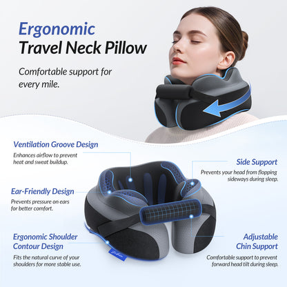 ZIKEE Travel Pillow for Airplane, Adjustable Chin Support for Stable Sleep, Ergonomic Neck Pillow to Support Head &amp; Neck on Flights, Ear-Friendly Memory Foam Airplane Pillow, Carry Case, Airy Cover