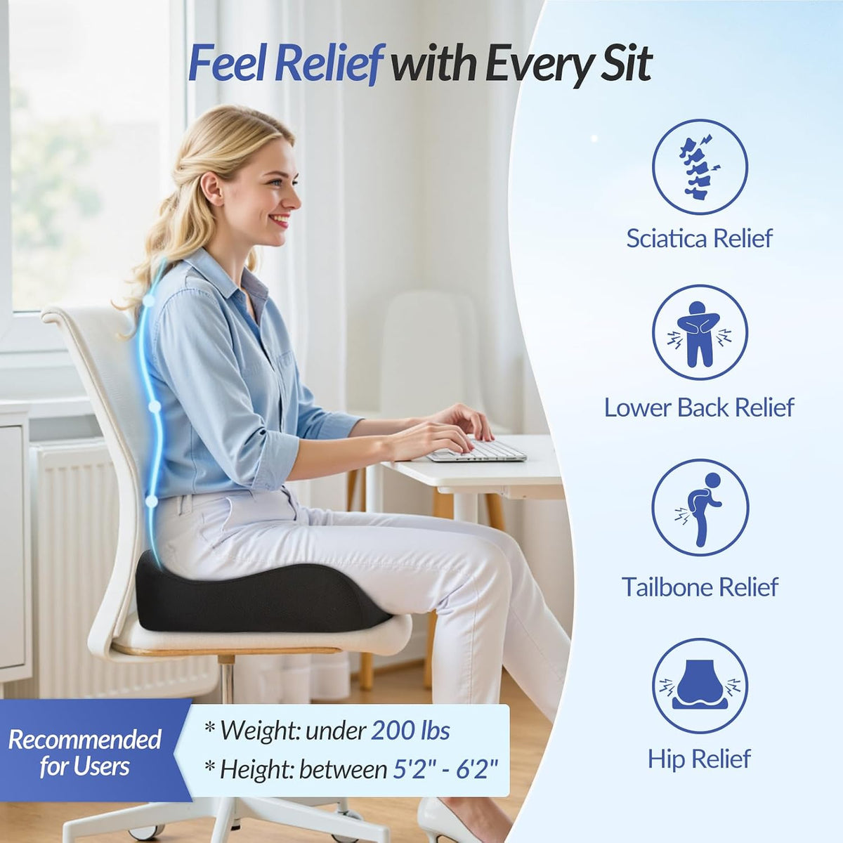 ZIKEE Pioneering Seat Cushion for Pressure Relief, Ergonomic Office Chair Cushion for Sciatica, Back, Hemorrhoids &amp; Tailbone Pain Relief, High-Density Memory Foam Car Seat Cushion with Anti-Slip Base