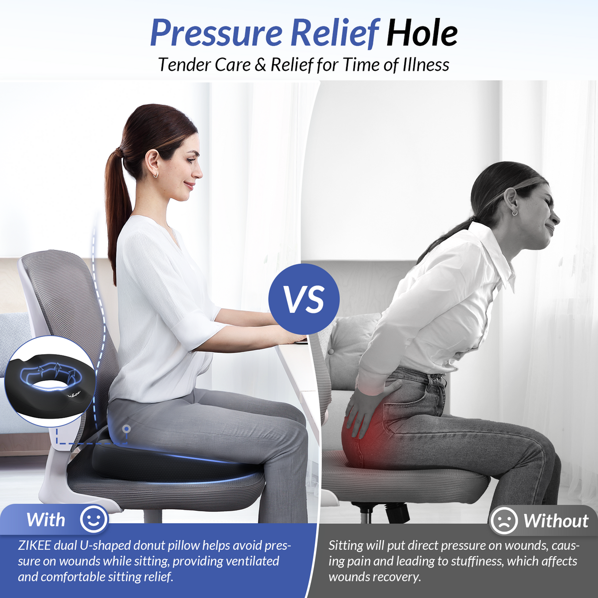 ZIKEE Donut Pillow Seat Cushion for Tailbone Pain, Hemorrhoid Pillow with Pressure Relief Hole &amp; Thigh Slope Design for Postpartum &amp; Post Surgery Sitting Relief, Donut Seat Cushion for Office &amp; Home