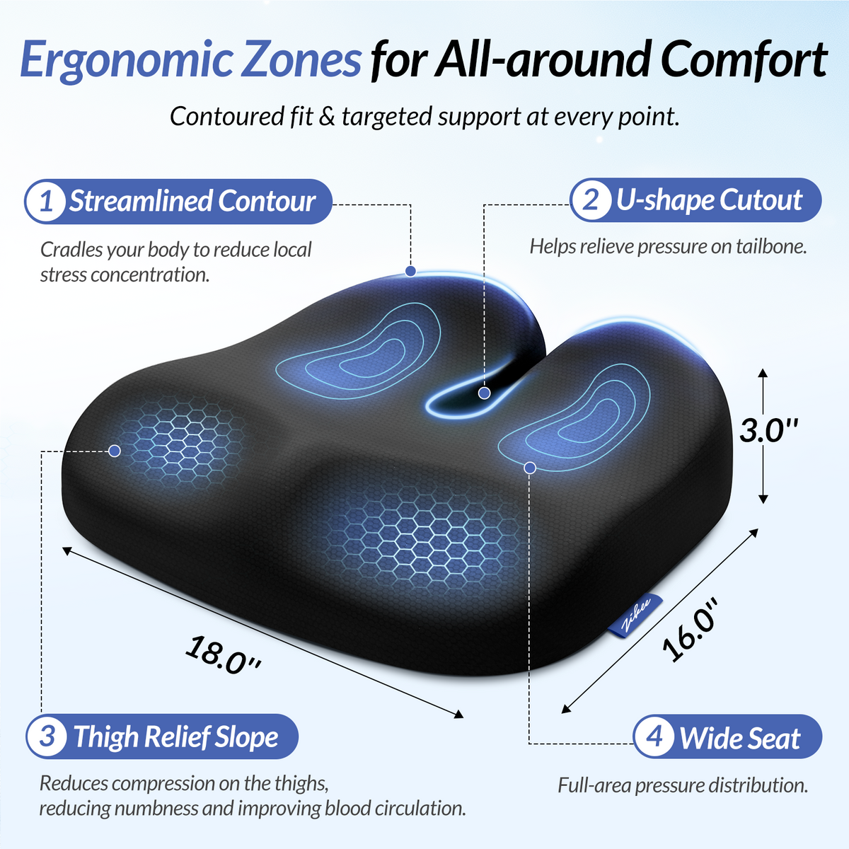 ZIKEE Ergonomic Seat Cushion with Thigh Slope for Long Sitting, Memory Foam Office Chair Cushion for Car, Home, U-Shaped Design Relieves Hip, Tailbone Pain, Non-Slip Sciatica Pain Relief Pillow