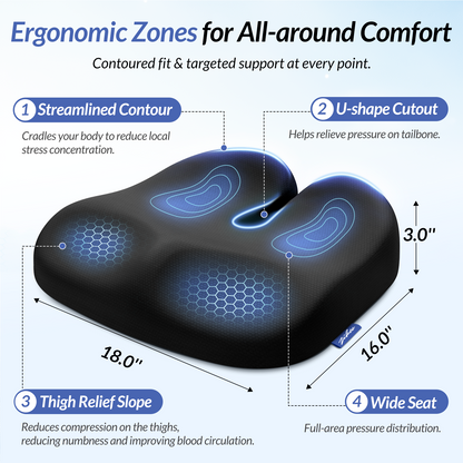 ZIKEE Ergonomic Seat Cushion with Thigh Slope for Long Sitting, Memory Foam Office Chair Cushion for Car, Home, U-Shaped Design Relieves Hip, Tailbone Pain, Non-Slip Sciatica Pain Relief Pillow