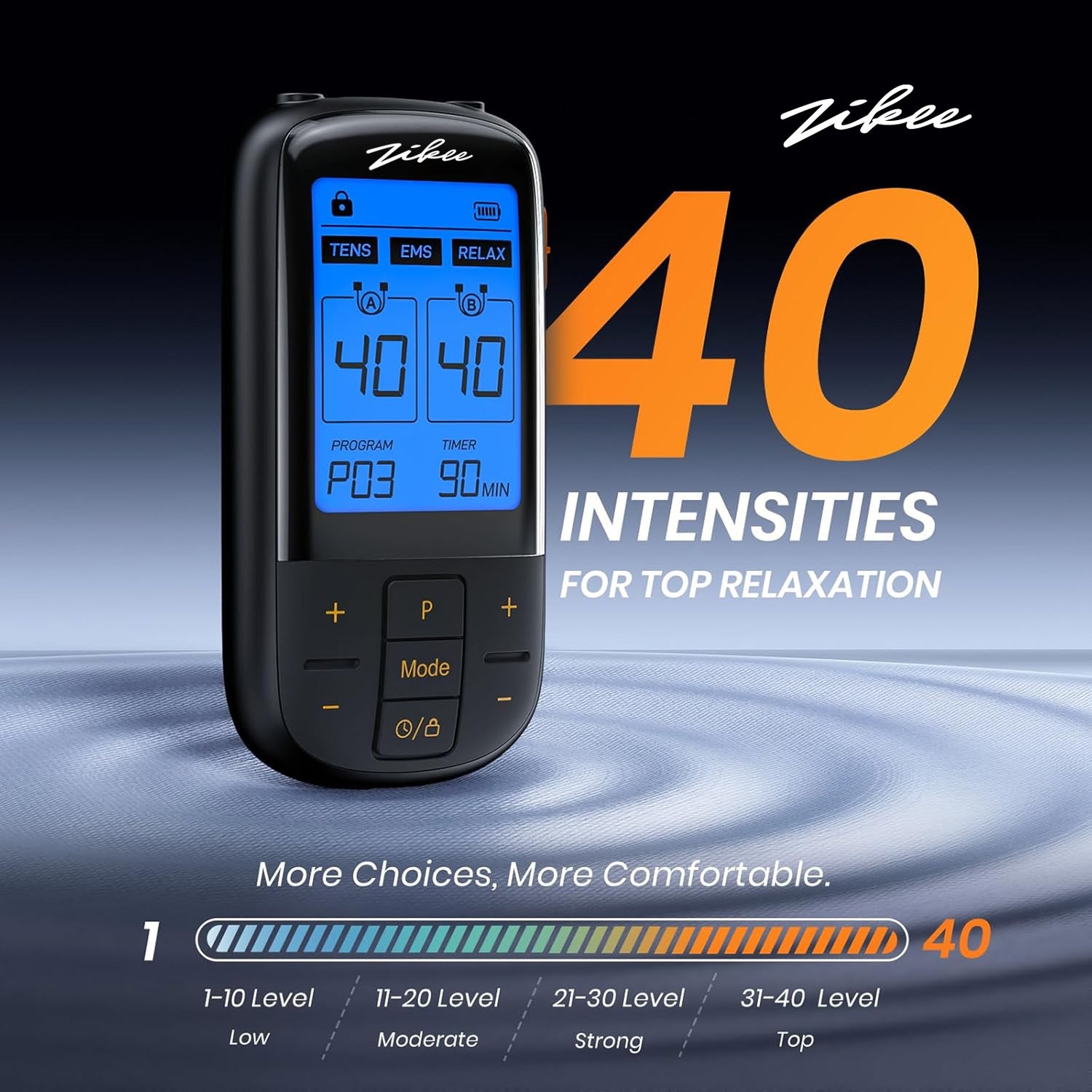 ZIKEE 3-in-1 TENS Unit with 32 Modes, Dual Channel EMS Muscle Stimulator with 40 Intensities for Gradual Pain Relief Therapy, Rechargeable Electronic Pulse Massager with 12 Electrode Pads, EVA Case