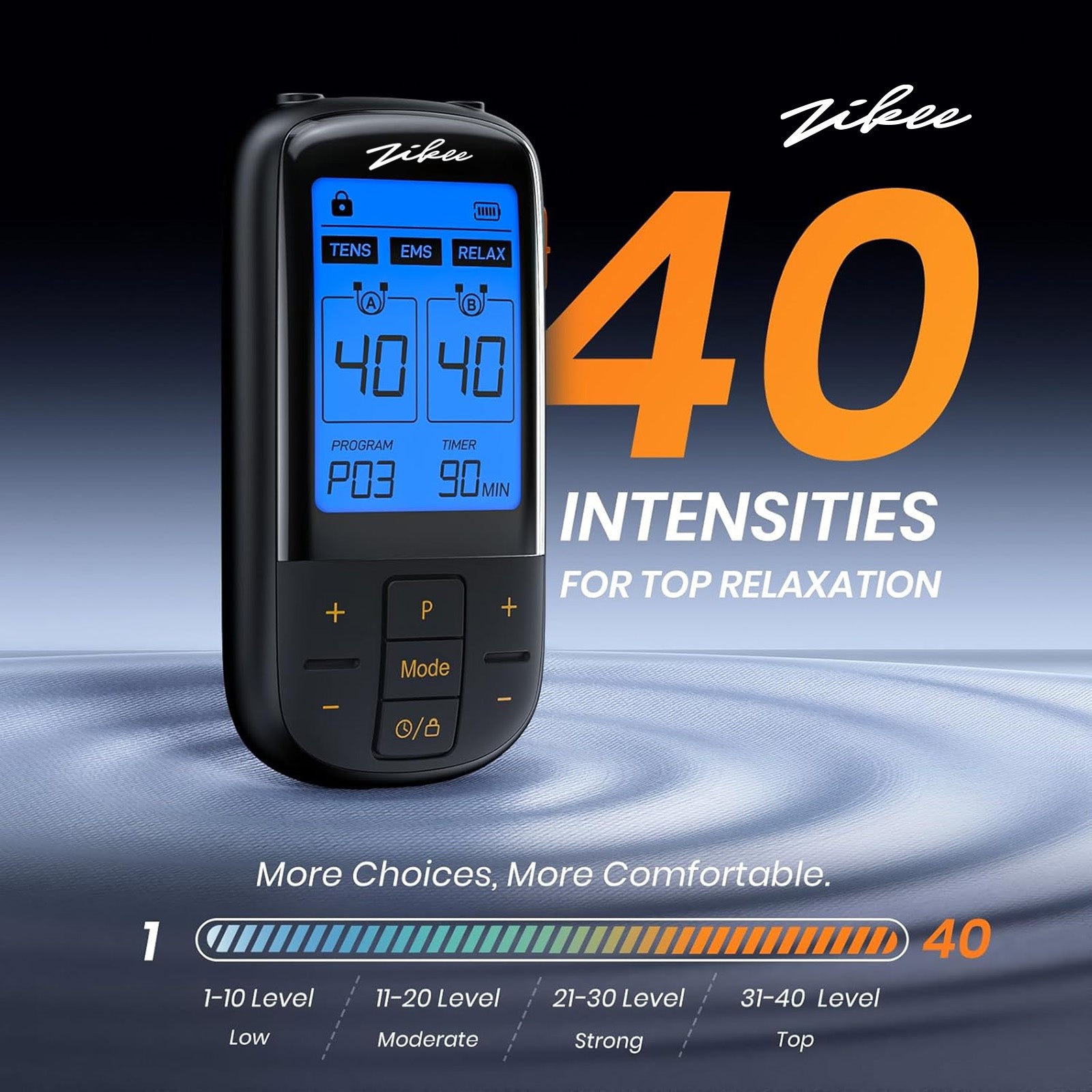 ZIKEE 3-in-1 TENS Unit with 32 Modes, Dual Channel EMS Muscle Stimulator with 40 Intensities for Gradual Pain Relief Therapy, Rechargeable Electronic Pulse Massager with 12 Electrode Pads, EVA Case