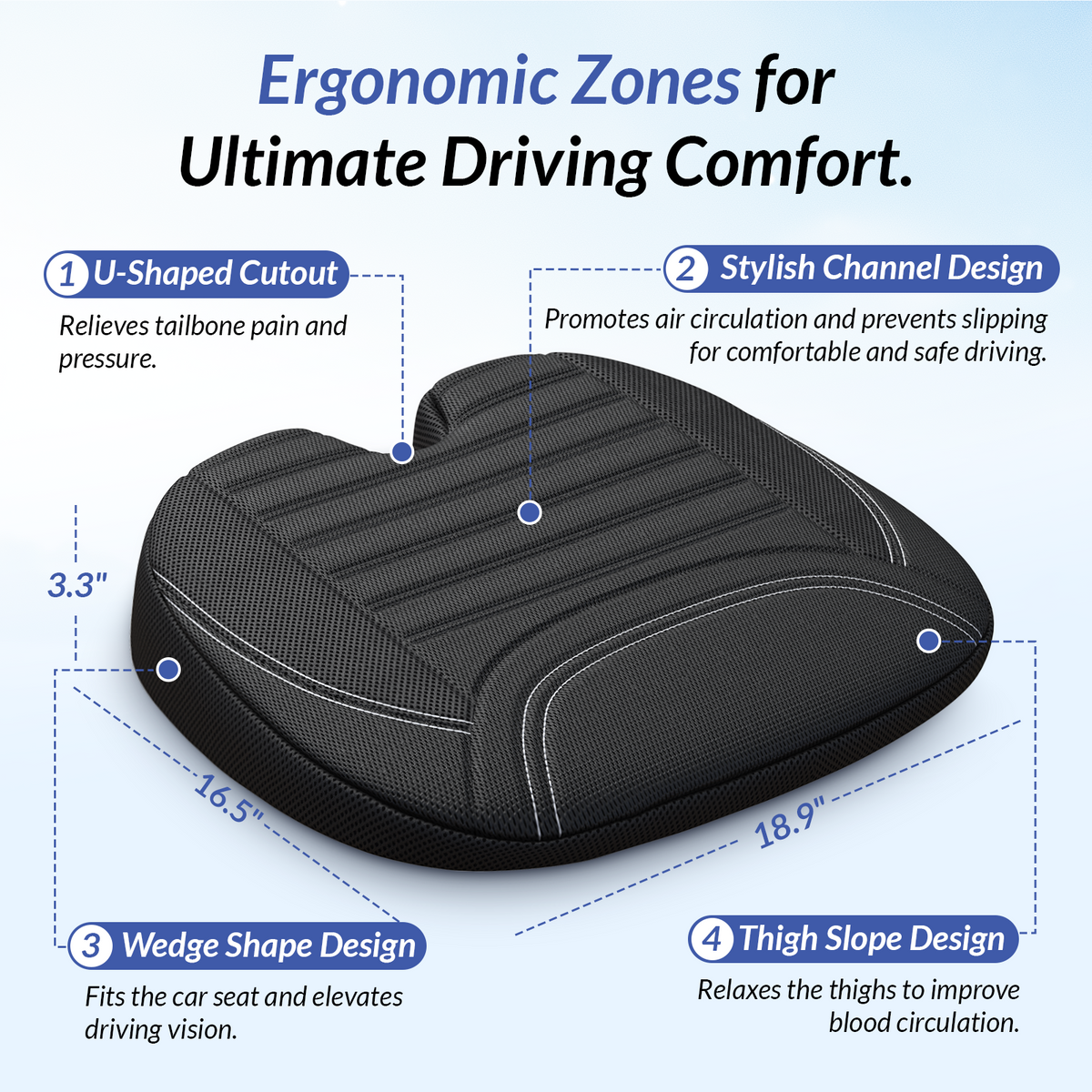 ZIKEE Wedge Car Seat Cushion for Tailbone Pain Relief &amp; Better Visibility, Ergonomic Memory Foam Seat Cushion for Car with Breathable Channel Design, Fits Car, SUV, Truck, Non-Slip Mesh Cover
