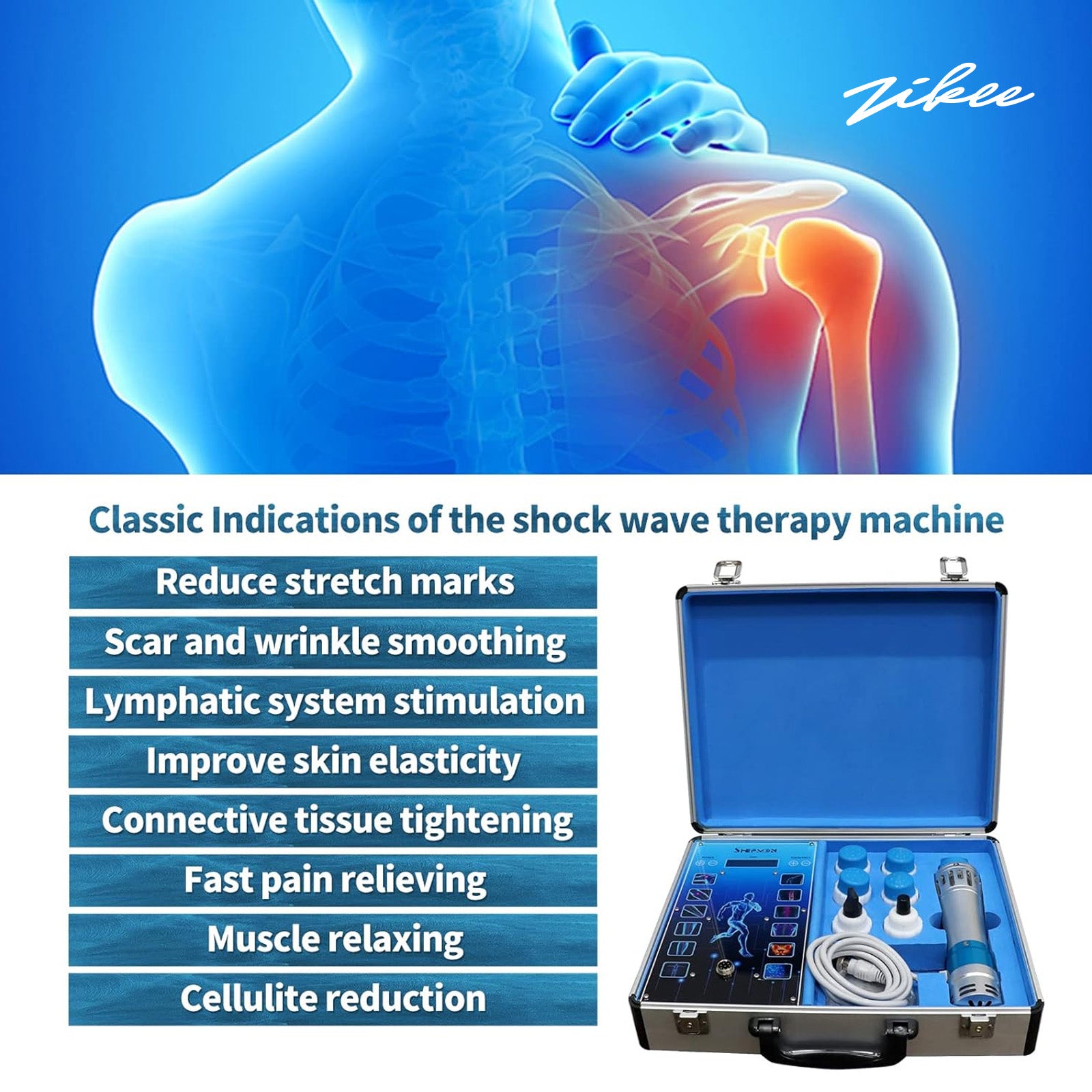 ZIKEE Electromedical Ultrasonic Stimulators  Body Muscle Relaxation Massage Tool Shock Wave Pain Relief with 7 Heads