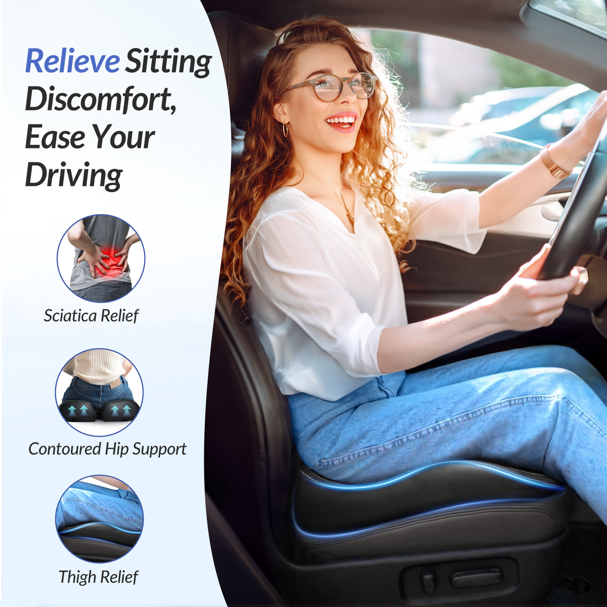 ZIKEE Car Seat Cushion with Memory Foam for Long Drive, Sitting Pain Relief, Ergonomic Seat Cushion for Car &amp; Office Chair, Relieve Tailbone &amp; Thigh Pain, Better Visibility, Rub-Resistant, Easy-Clean