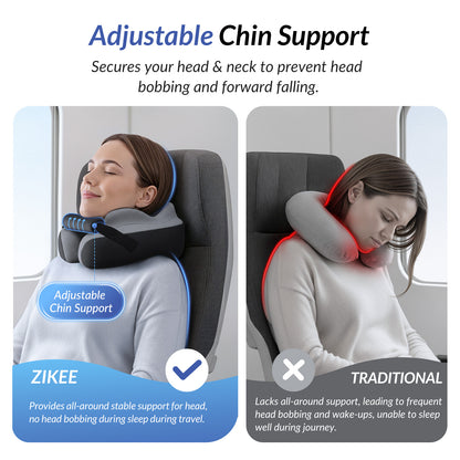 ZIKEE Travel Pillow for Airplane, Adjustable Chin Support for Stable Sleep, Ergonomic Neck Pillow to Support Head &amp; Neck on Flights, Ear-Friendly Memory Foam Airplane Pillow, Carry Case, Airy Cover