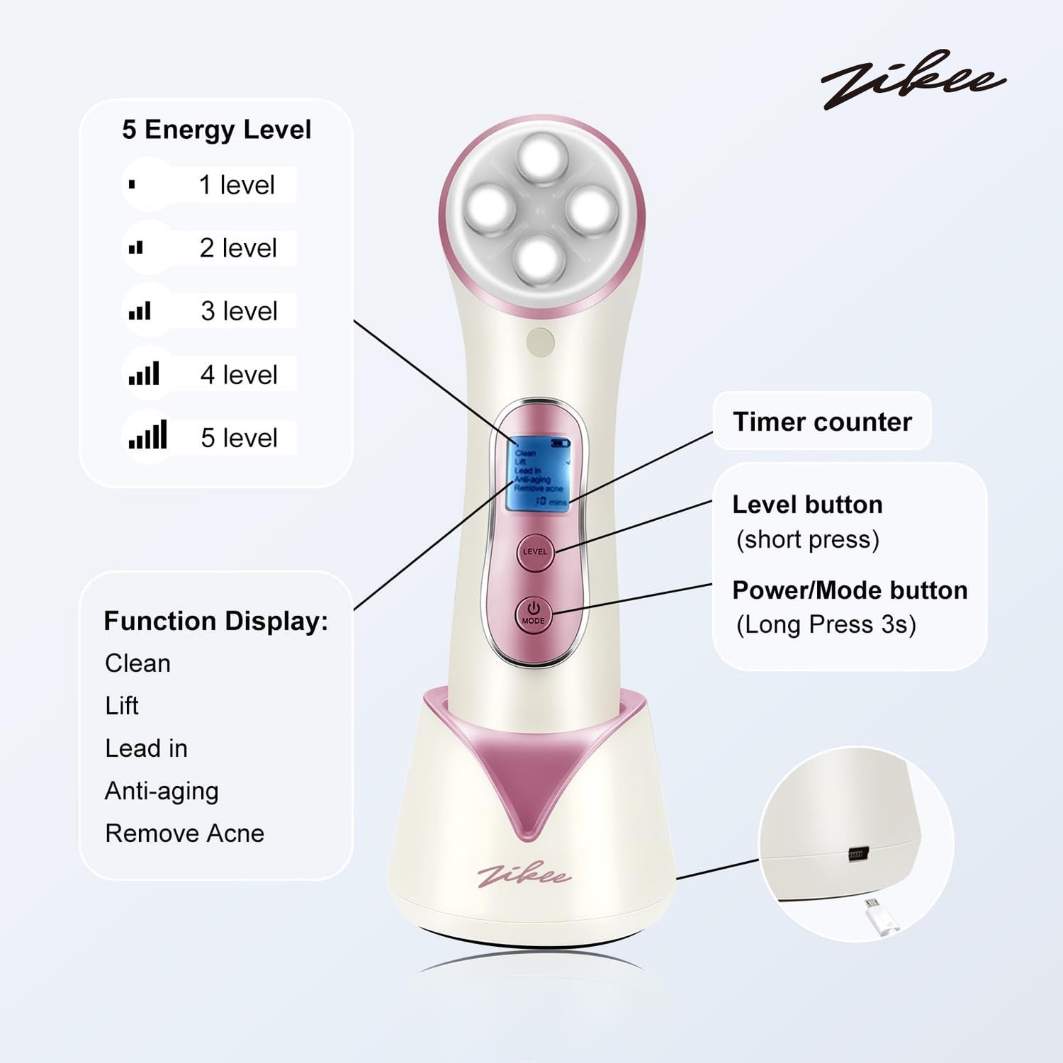 ZIKEE Revolutionary Lasers for Facial and Skin Cosmetic Treatment - 5-in-1 Multifunctional Beauty Device with LED Light Therapy and High Frequency Vibration