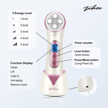 ZIKEE Revolutionary Lasers for Facial and Skin Cosmetic Treatment - 5-in-1 Multifunctional Beauty Device with LED Light Therapy and High Frequency Vibration