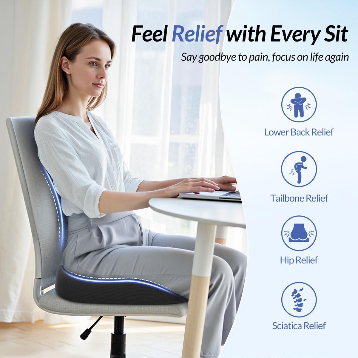 ZIKEE Ergonomic Seat Cushion with Thigh Slope for Long Sitting, Memory Foam Office Chair Cushion for Car, Home, U-Shaped Design Relieves Hip, Tailbone Pain, Non-Slip Sciatica Pain Relief Pillow