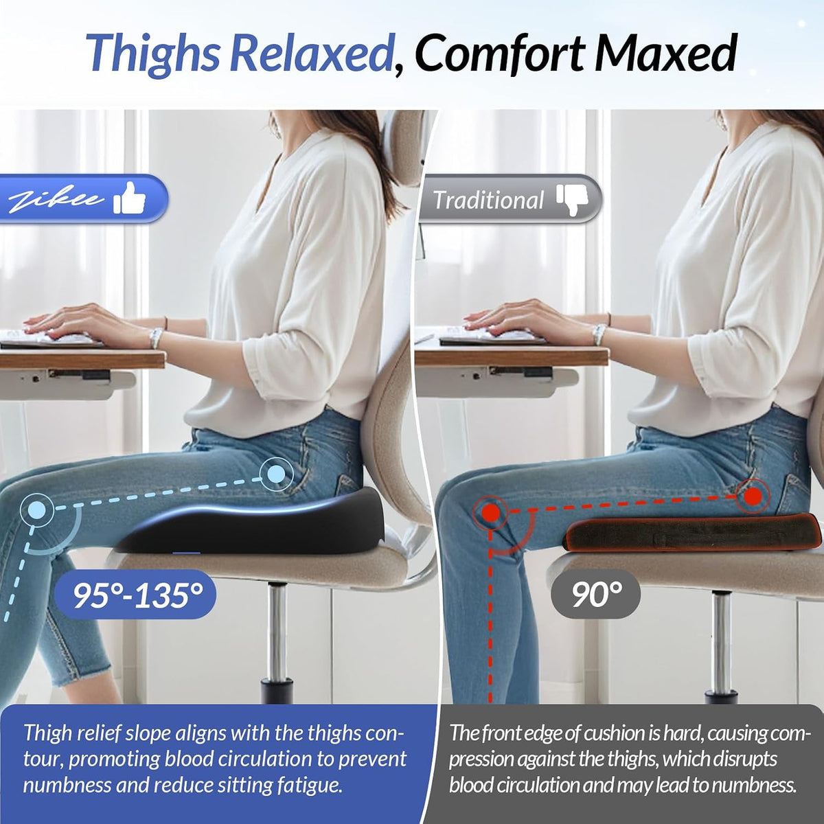 ZIKEE Ergonomic Seat Cushion with Thigh Slope for Long Sitting, Memory Foam Office Chair Cushion for Car, Home, U-Shaped Design Relieves Hip, Tailbone Pain, Non-Slip Sciatica Pain Relief Pillow