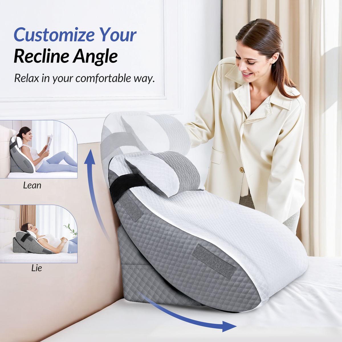 ZIKEE Adjustable Wedge Pillow Headboard Set for Sleeping &amp; After Surgery Ergonomic Reading Pillow for Sitting in Bed, Back Pain Relief &amp; Leg Elevation, Bed Wedge with Premium Memory Foam, Soft Cover