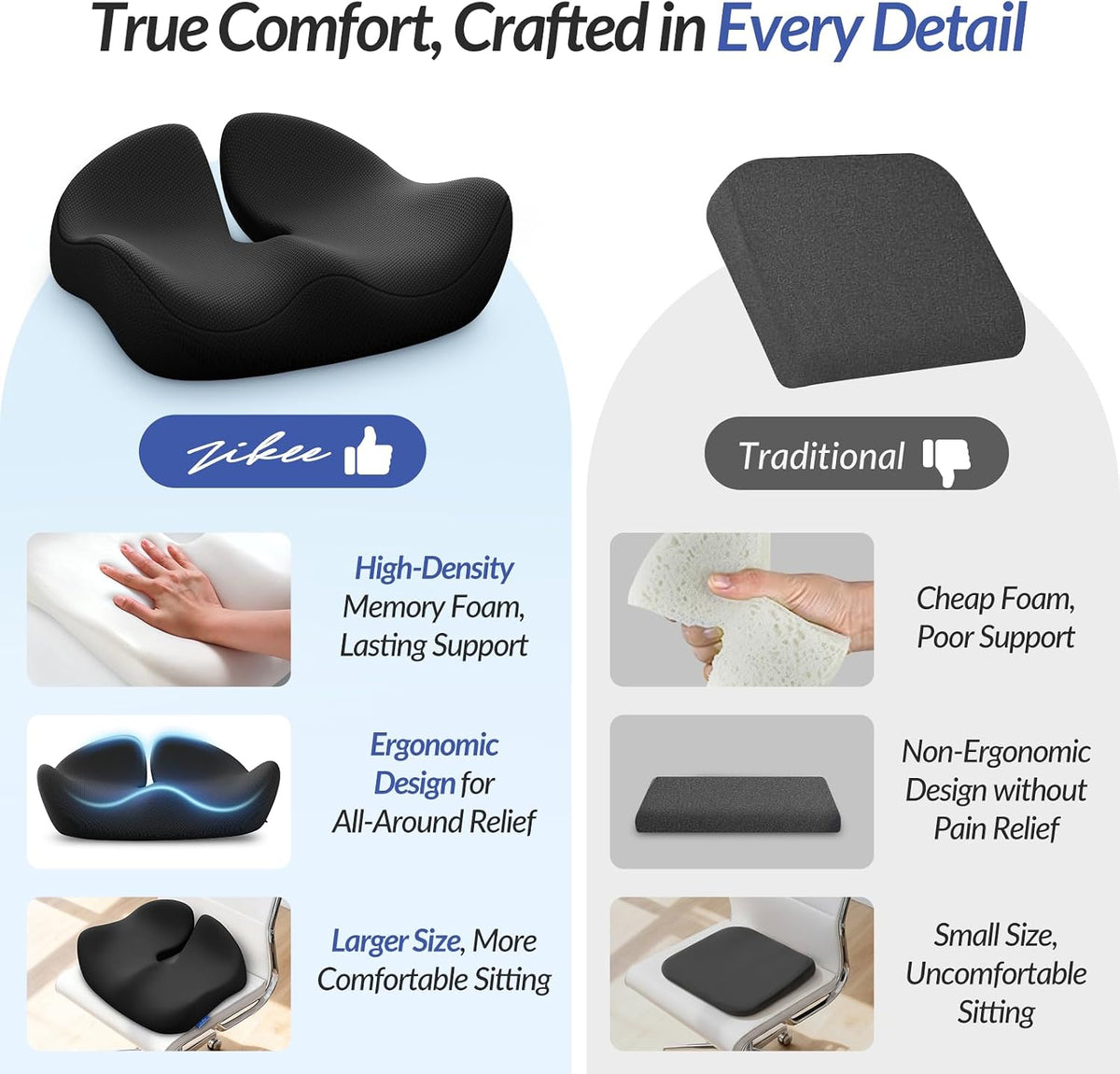 ZIKEE Pioneering Seat Cushion for Pressure Relief, Ergonomic Office Chair Cushion for Sciatica, Back, Hemorrhoids &amp; Tailbone Pain Relief, High-Density Memory Foam Car Seat Cushion with Anti-Slip Base