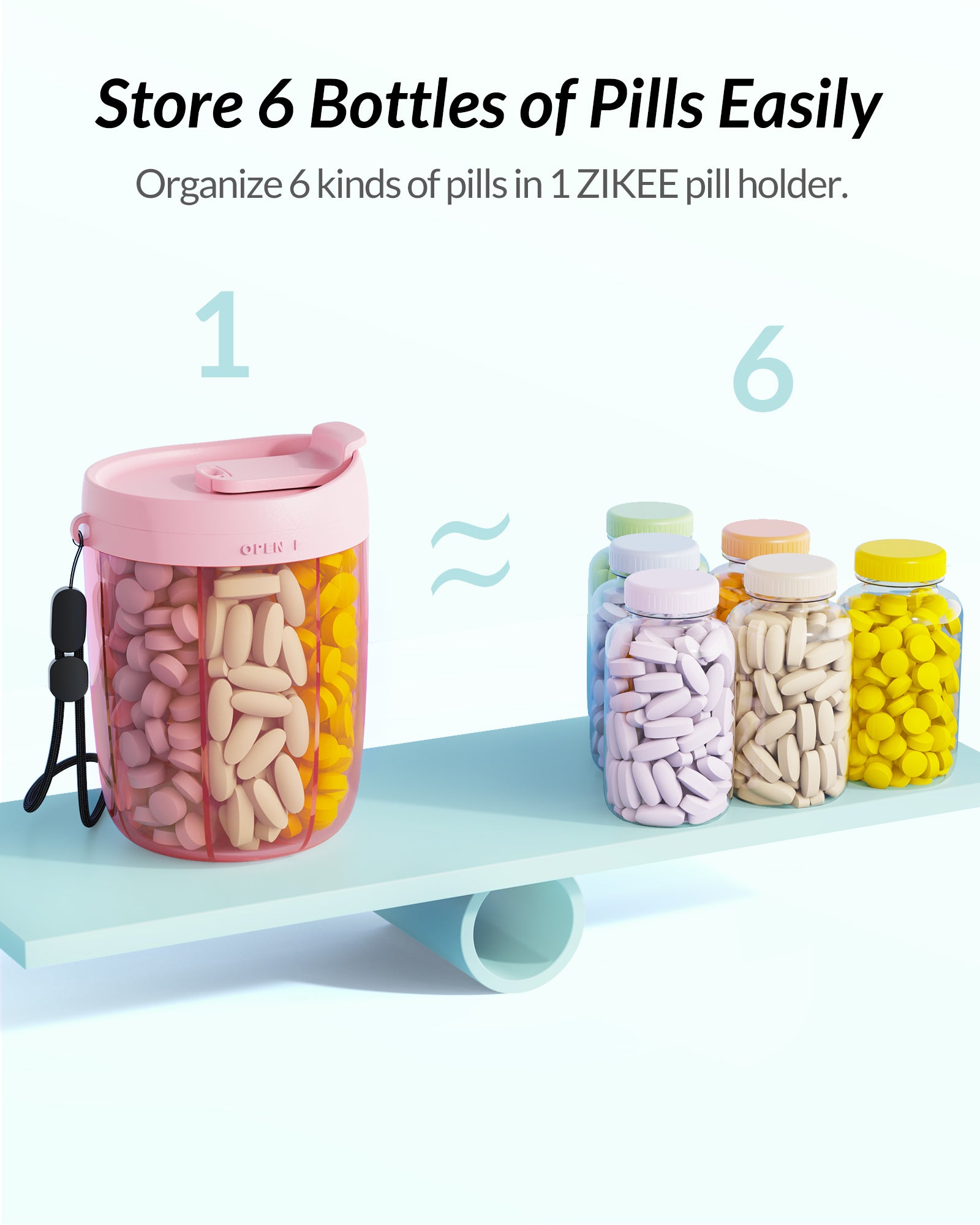 Zikee Pill Dispenser with Anti-Mixing &amp; Wide Openings Design, Large Pill Bottle Organizer