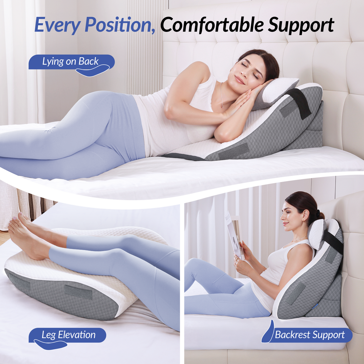 ZIKEE Adjustable Wedge Pillow Headboard Set for Sleeping &amp; After Surgery Ergonomic Reading Pillow for Sitting in Bed, Back Pain Relief &amp; Leg Elevation, Bed Wedge with Premium Memory Foam, Soft Cover