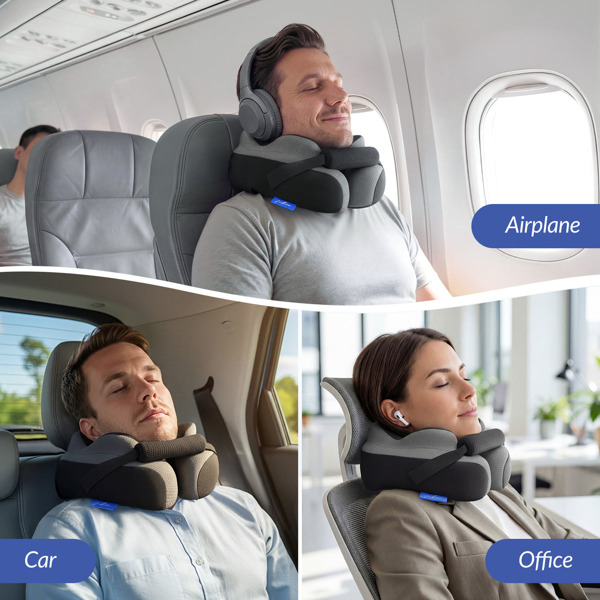 ZIKEE Travel Pillow for Airplane, Adjustable Chin Support for Stable Sleep, Ergonomic Neck Pillow to Support Head &amp; Neck on Flights, Ear-Friendly Memory Foam Airplane Pillow, Carry Case, Airy Cover