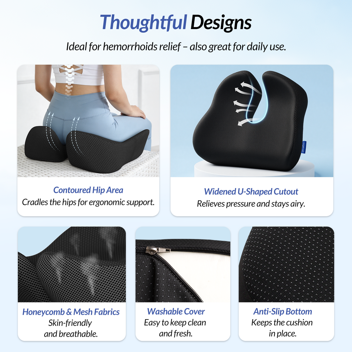 ZIKEE 6" Thickened Donut Pillow Seat Cushion, Ergonomic Hemorrhoid Pillow with Widened Cutout for Tailbone,Sciatica Pain Relief &amp; Postpartum, Memory Foam Office Chair Cushion for Long Sitting at Home