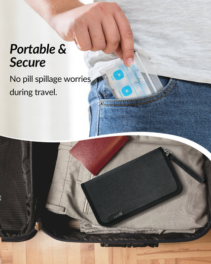 ZIKEE Slim Folding Pill Organizer Bag with 20 Writable BPA-Free Pill Pouches, Travel 22 Slot Pill Box Bag with a Zipper Design