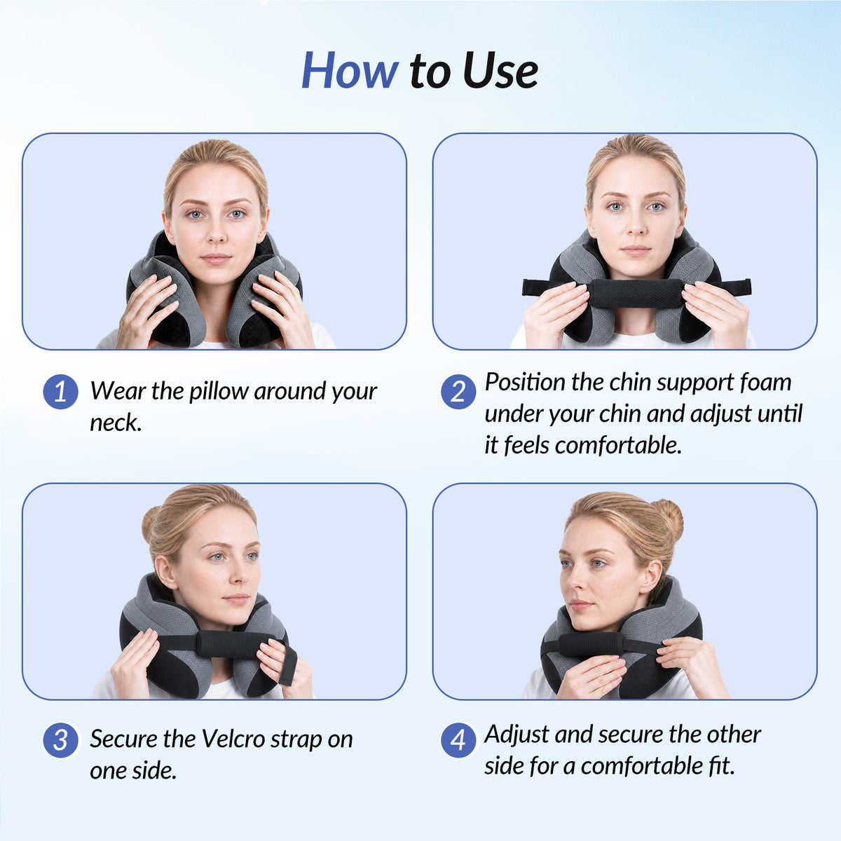 ZIKEE Travel Pillow for Airplane, Adjustable Chin Support for Stable Sleep, Ergonomic Neck Pillow to Support Head &amp; Neck on Flights, Ear-Friendly Memory Foam Airplane Pillow, Carry Case, Airy Cover