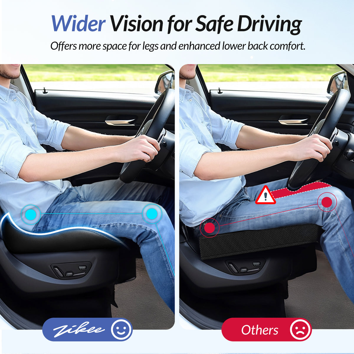 ZIKEE Car Seat Cushion with Memory Foam for Long Drive, Sitting Pain Relief, Ergonomic Seat Cushion for Car &amp; Office Chair, Relieve Tailbone &amp; Thigh Pain, Better Visibility, Rub-Resistant, Easy-Clean