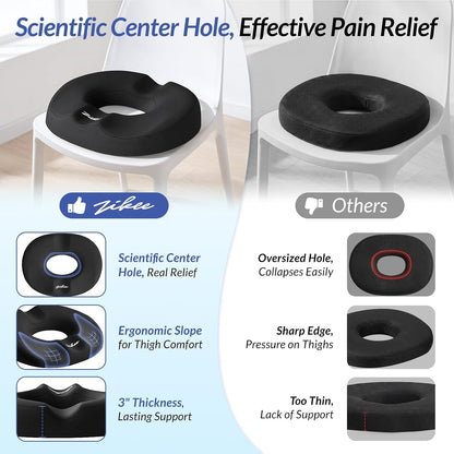 ZIKEE Donut Pillow Seat Cushion for Tailbone Pain, Hemorrhoid Pillow with Pressure Relief Hole &amp; Thigh Slope Design for Postpartum &amp; Post Surgery Sitting Relief, Donut Seat Cushion for Office &amp; Home
